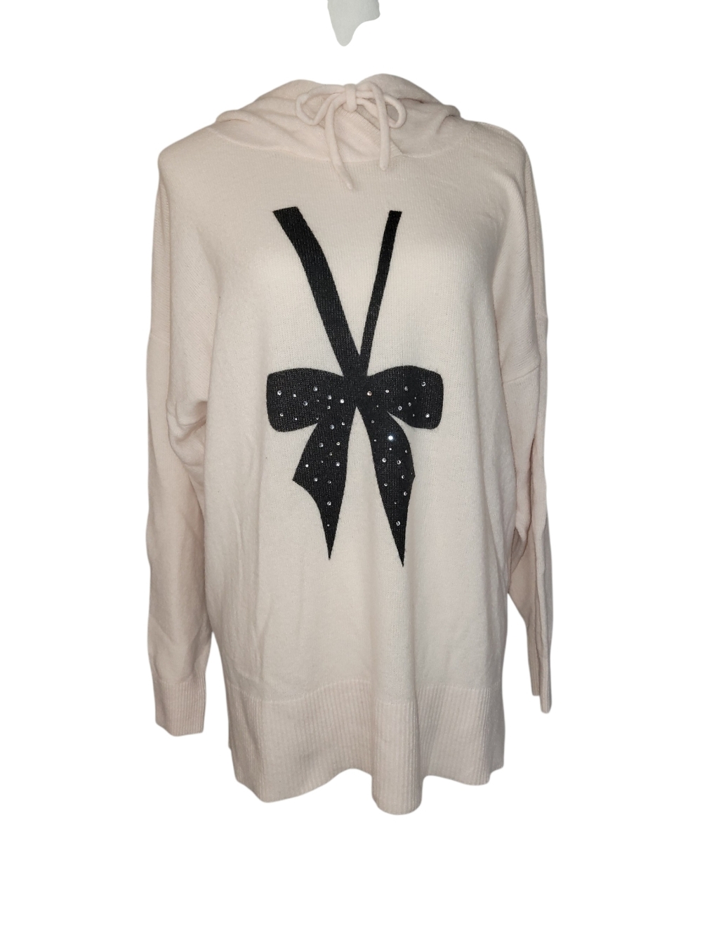 Victoria's Secret Oversized Pink Knit Hoodie Sweater Black Rhinestone Bow Size M